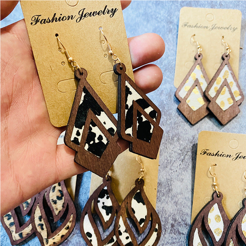 Wholesale  Western retro wooden earrings leopard print milk pattern inlaid earrings