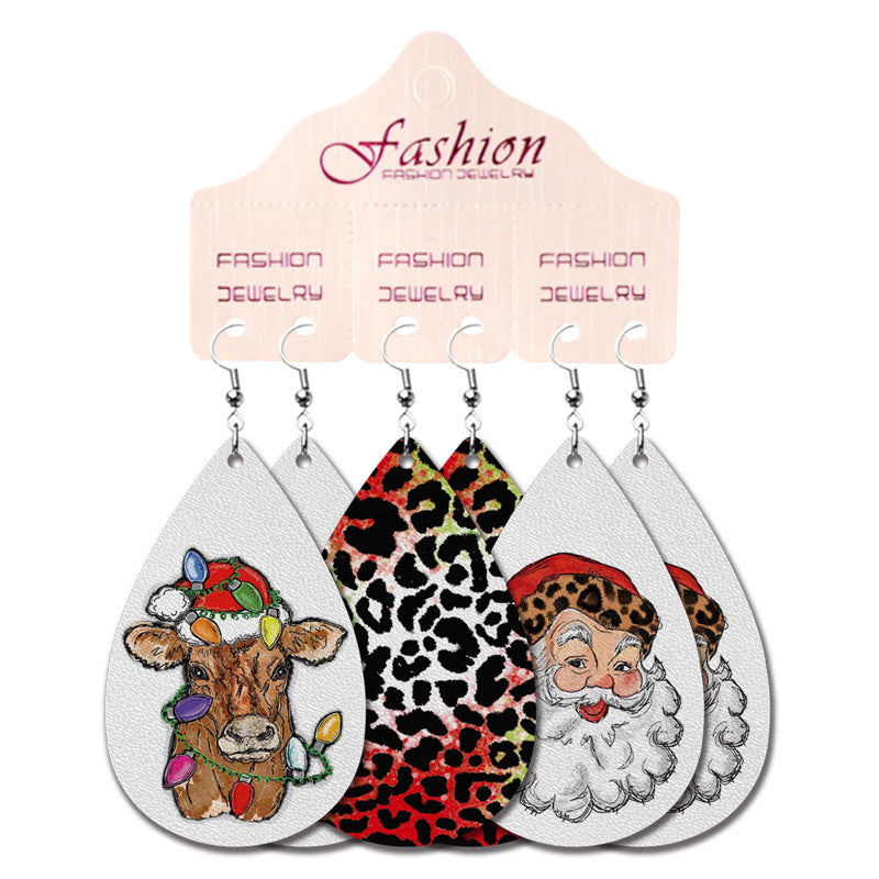 Wholesale 2 Sets Christmas Earrings Set Cow Pattern Plaid Elk Western Cowboy Water Drop PU Leather Earrings Set ACC-ES-HY129