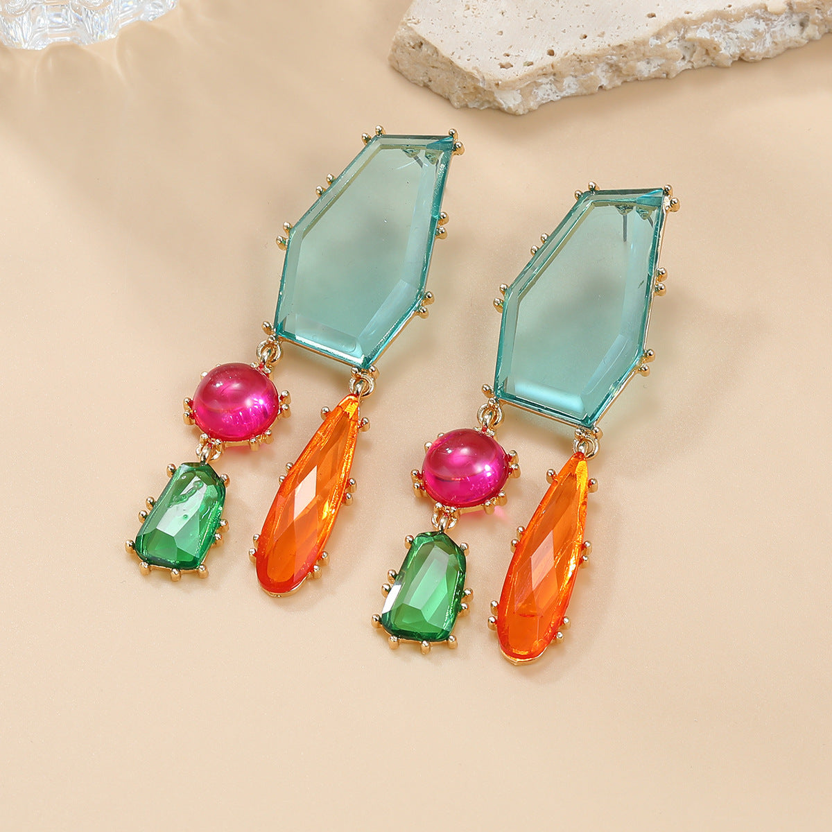 Wholesale Colorful Diamond Alloy Earrings with Exaggerated Geometric Block Color Bohemian Jewelry ACC-ES-JL001