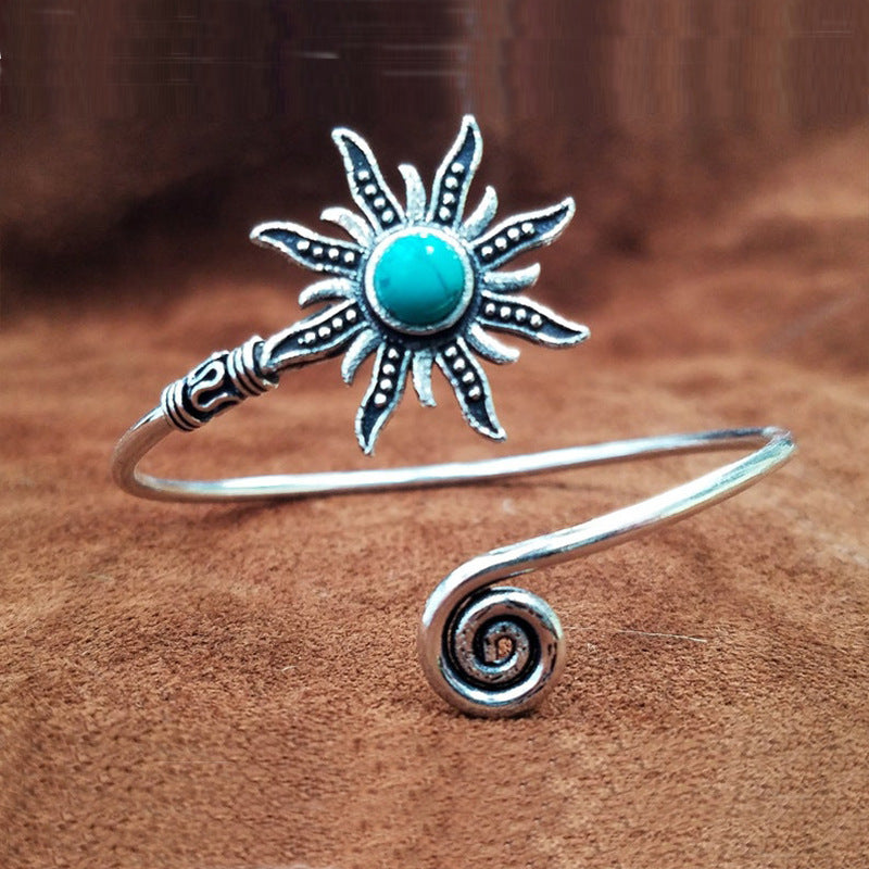 Wholesale Vintage Sunflower Turquoise Alloy Adjustable Open Bangle Bracelet Chic Gift Jewelry Accessory For Boutique Resale
