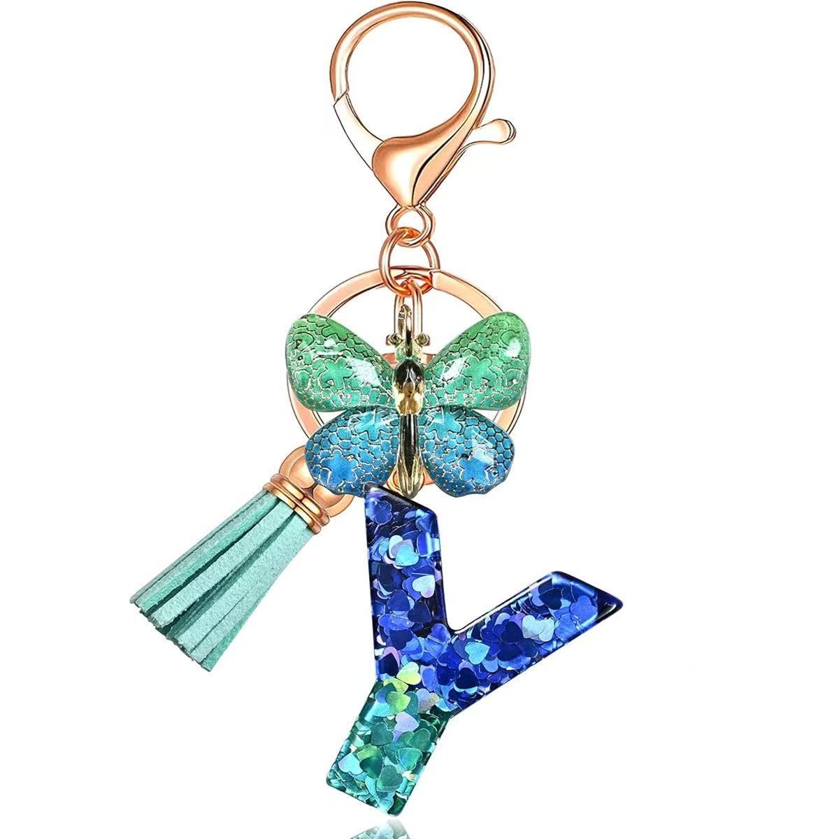 Wholesale Resin Alphabet Keychain With Butterfly Tassel Blue Gradient Vacation Style Fashion Accessory For Bags And Keys