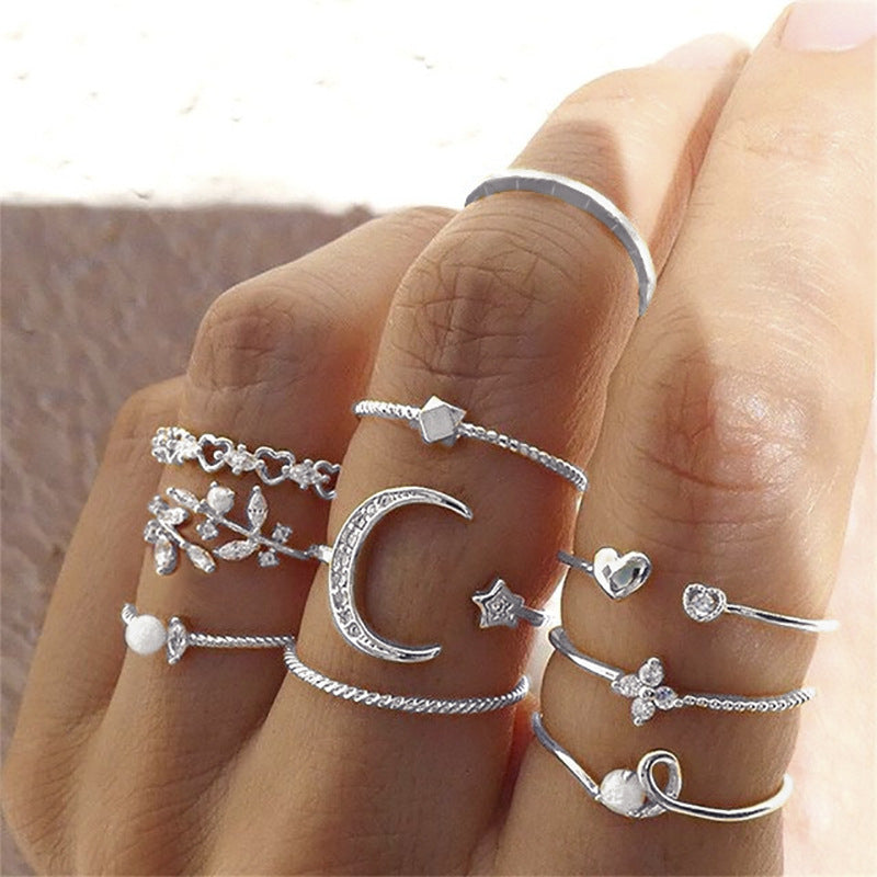 Wholesale Star,  Moon,  Heart,  Leaf,  Geometric 10-Piece Ring Set