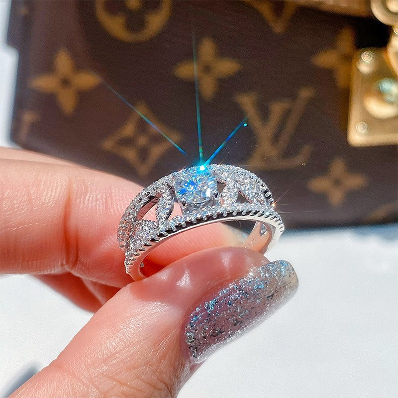 Wholesale 50 Points Eight Heart and Eight Arrows Plating PT950 Group Inlaid with Full Diamond Simulation Imported Mosan Diamond Opening Ring Women' s Wedding Jewelry