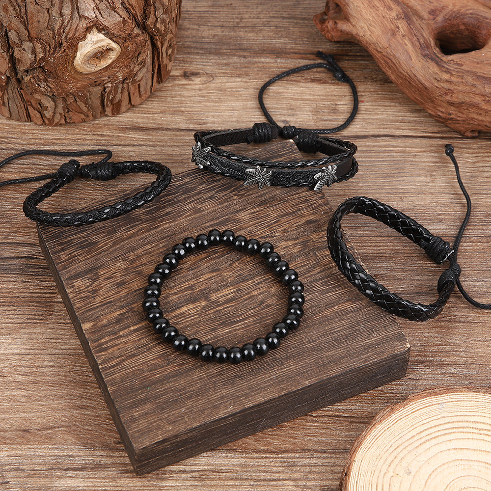 Wholesale Stylish Retro Maple Leaf Leather Bracelet With Woven Wood Beads Adjustable Unisex Hip Hop Jewelry Accessory