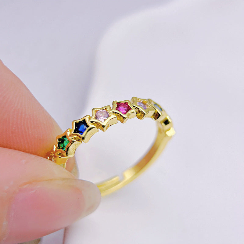 Wholesale Copper Plated 18K Gold Micro-inlaid Colored Zircon Five-pointed Star Open Adjustable Rings ACC-RS-YXY028