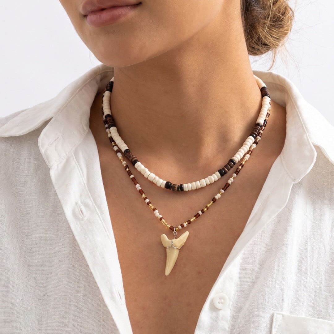 Wholesale Retro Contrasting Bead Double Layer Choker Necklace With Shark Tooth Pendant Vacation Style Women S Fashion Accessory