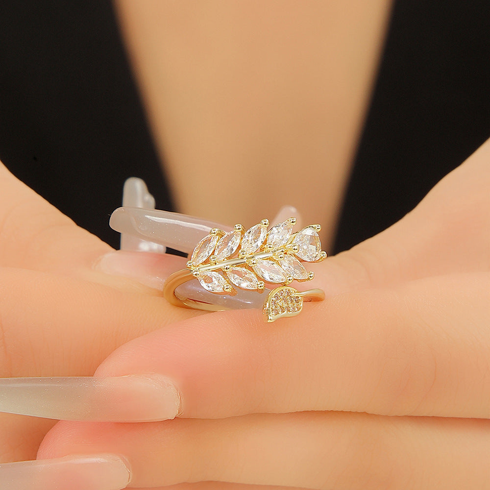 Wholesale Gold Copper Zircon Leaf Open Ring Fashion Jewelry Accessory Gift For Women