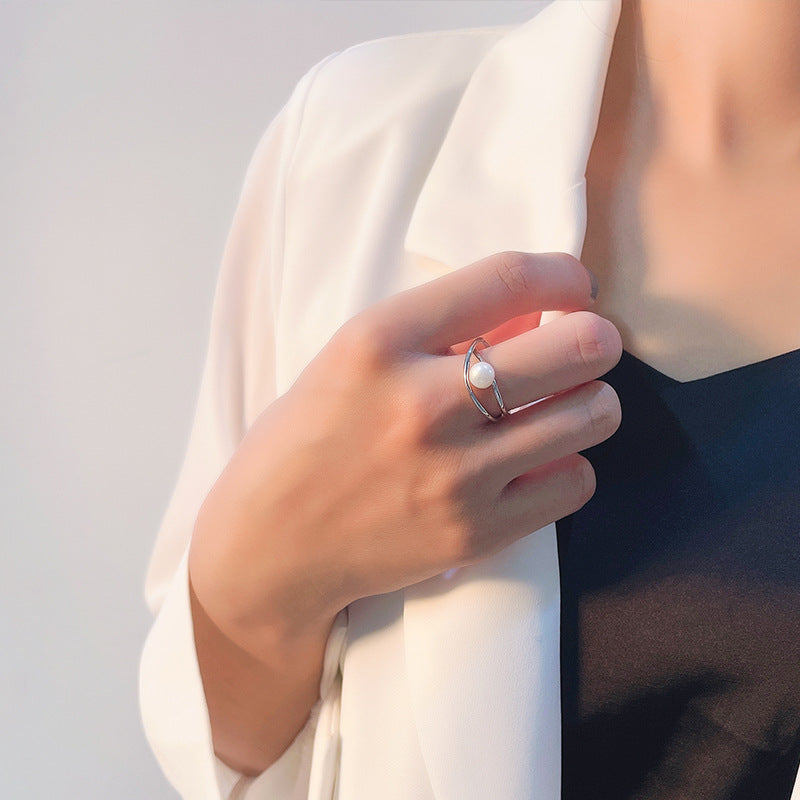 Wholesale S925 Silver Pearl Ring Women's Simple Crossed Geometric Open Finger Ring