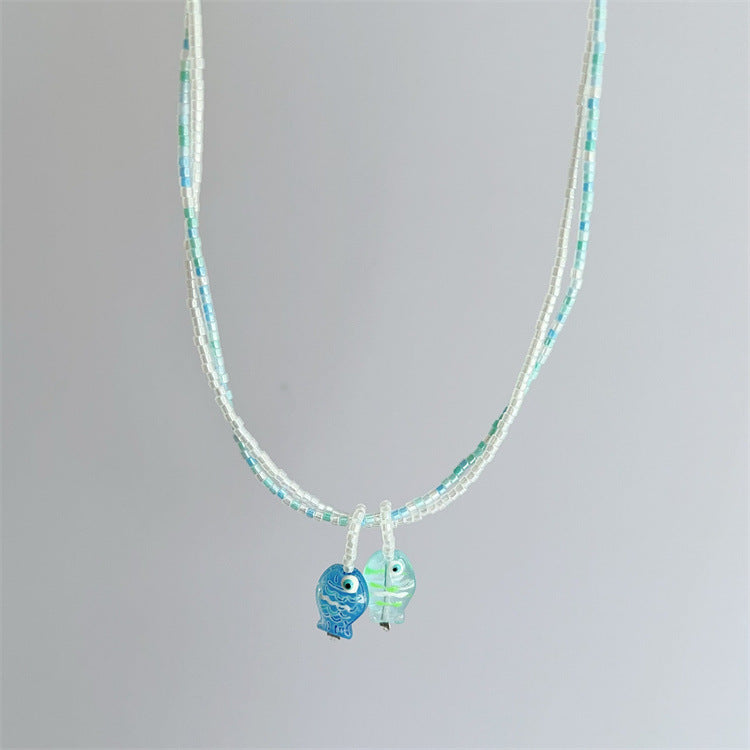 Wholesale Colorful Summer Dopamine Small Fish Pendant Blue Beaded Necklace