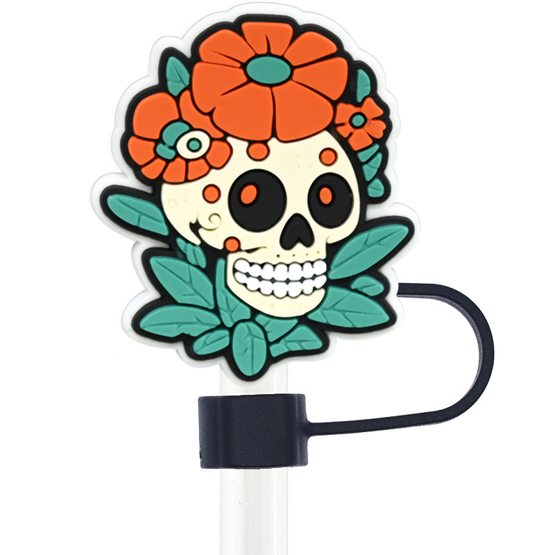 Wholesale Random 100pcs Day of the Dead Skull 10mm PVC Soft Straw Tube Cap ACC-SCR-RYY099