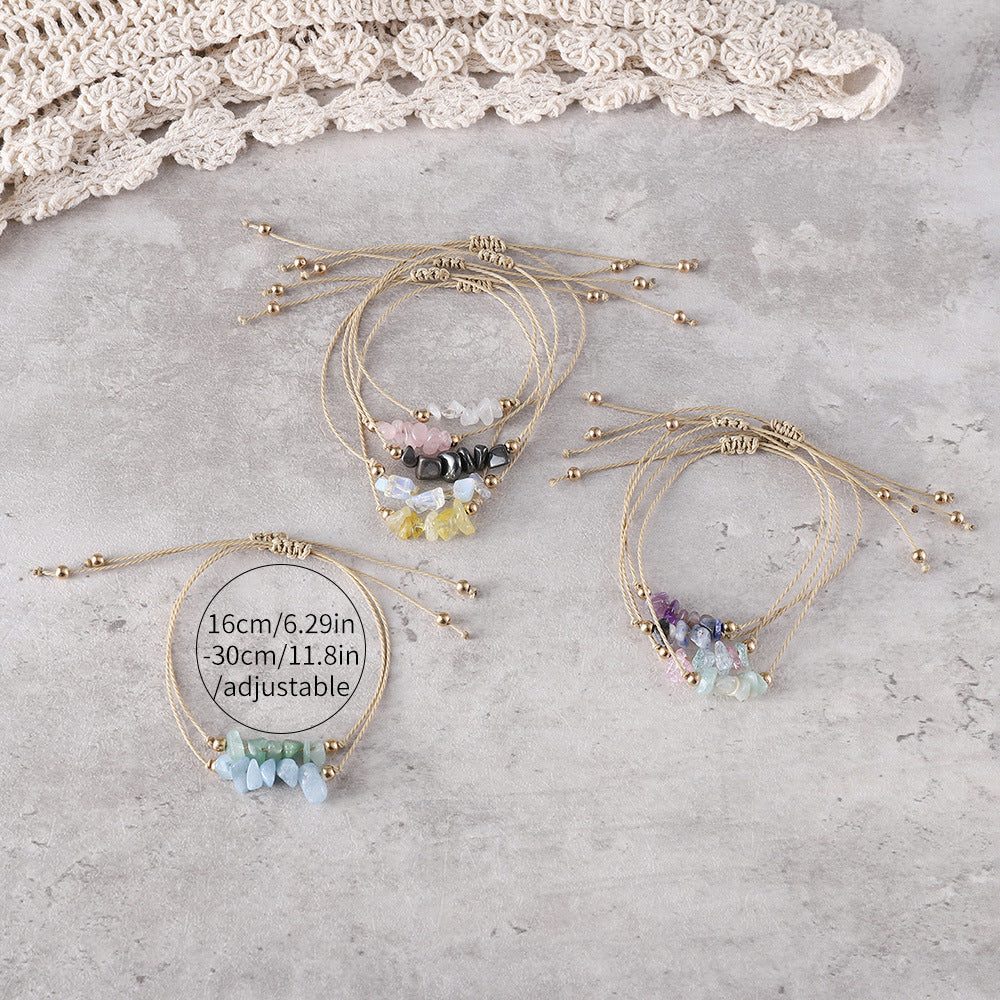 Wholesale Bohemian colorful irregular natural stone gravel adjustable handmade woven bracelet
