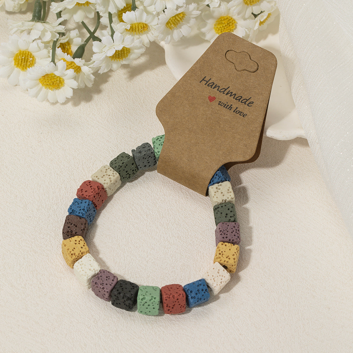 Wholesale volcanic stone beaded kraft paper elastic  bracelet