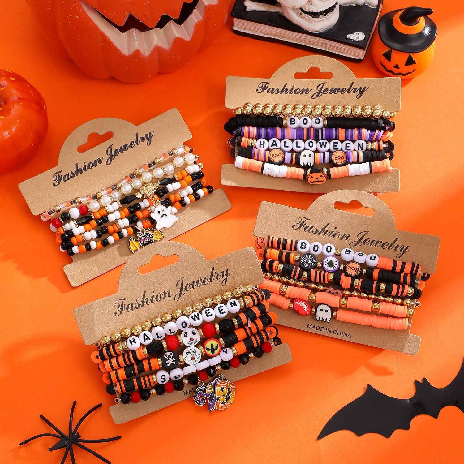 Wholesale  Skull Pumpkin Bracelet Set Soft Clay Gold Tone Handmade Fashion Accessory