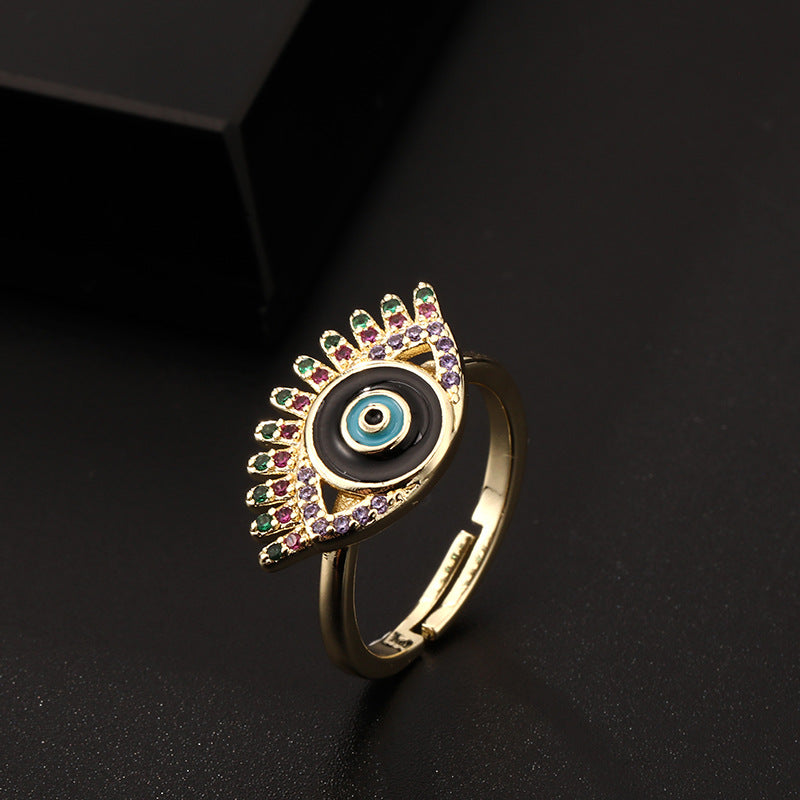 Wholesale Stylish Women S Open Ring With Colorful Enamel Zircon Eye Design Copper Electroplating Chic Jewelry Accessory For Gift And Resale