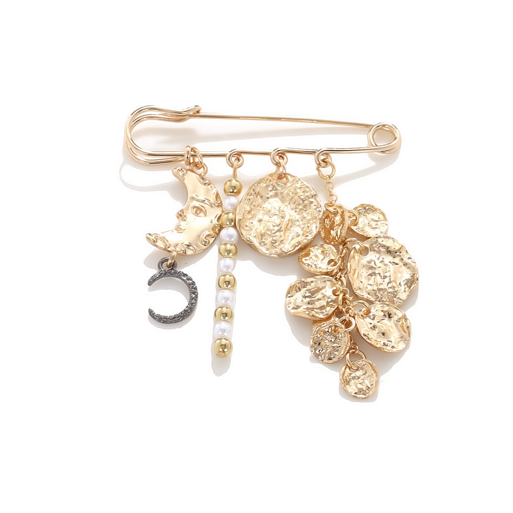 Wholesale Alloy Geometric Disc and Tassel Spliced Moon Pendant Brooch