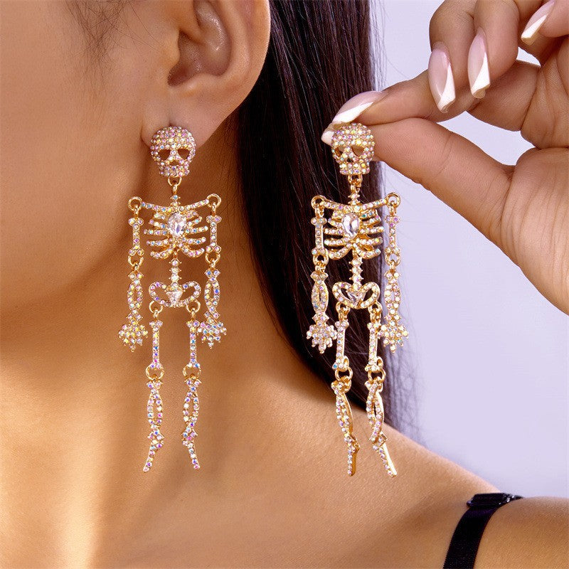 Wholesale Alloy Skull Rhinestone Chain Earrings Trendy Fashion Accessory for Party