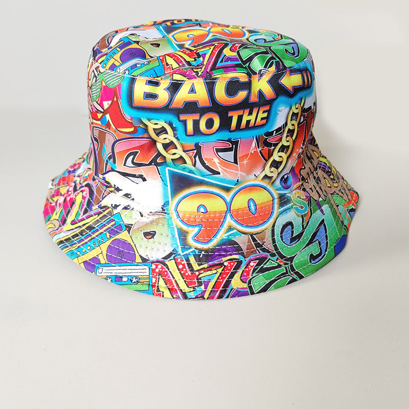 Wholesale Printed Cartoon Fisherman Hat,  Double-Sided Retro Sunshade,  Casual Outdoor Hat for Men Women
