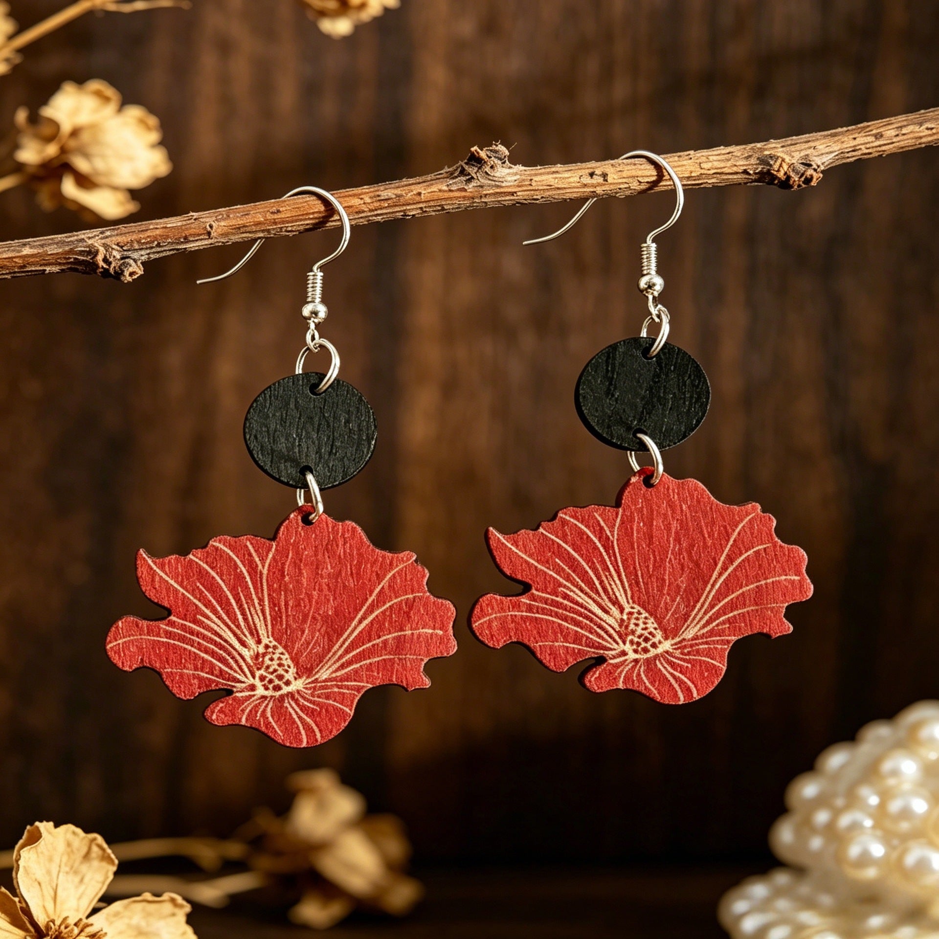 Wholesale Wooden Retro Floral Print Earrings with Hibiscus Pendants - Fashion Accessory for Resale