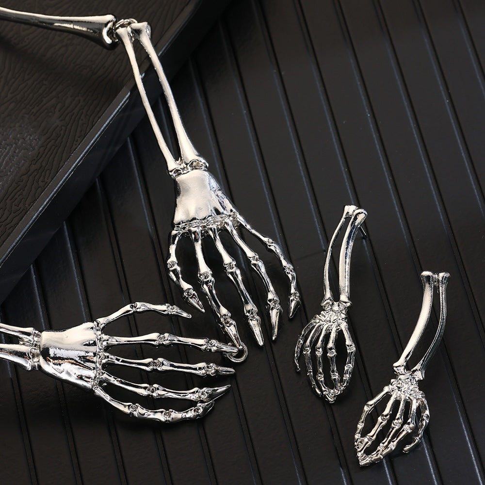 Wholesale Silver Tone Skeleton Hand Necklace and Earrings Set  Fashion Jewelry Accessory