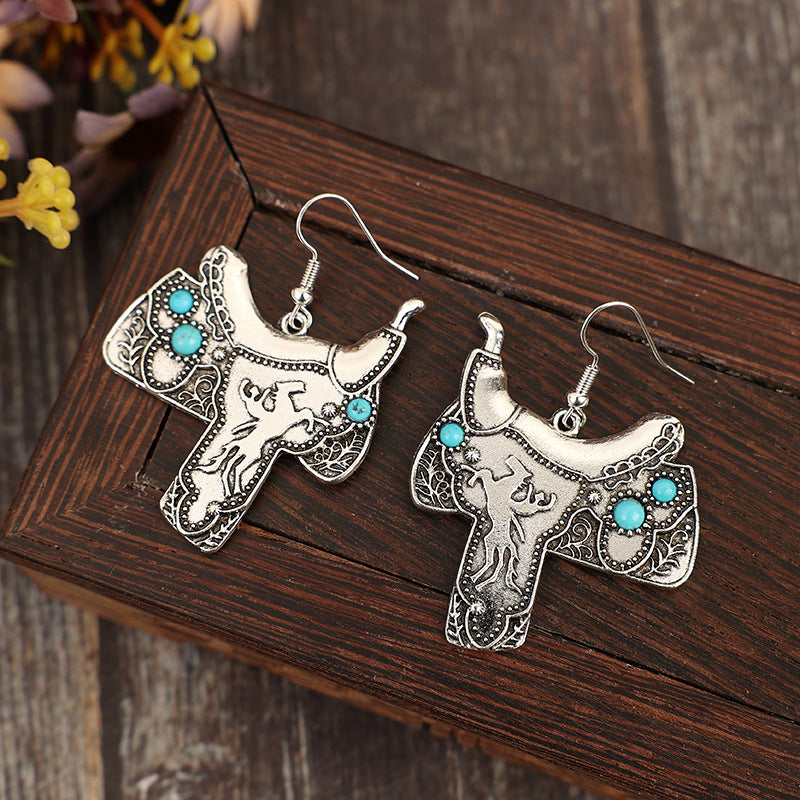 Wholesale Bohemian Western Style Saddle Inlaid Turquoise Vintage Alloy Earrings