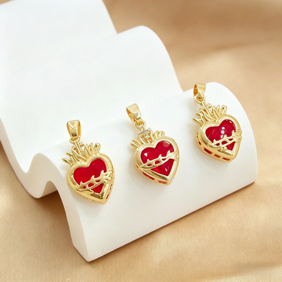 Wholesale European Style Red Heart-Shaped Zircon Cross Pendant Necklace,  Copper Gold-Plated Jewelry Accessory for Women