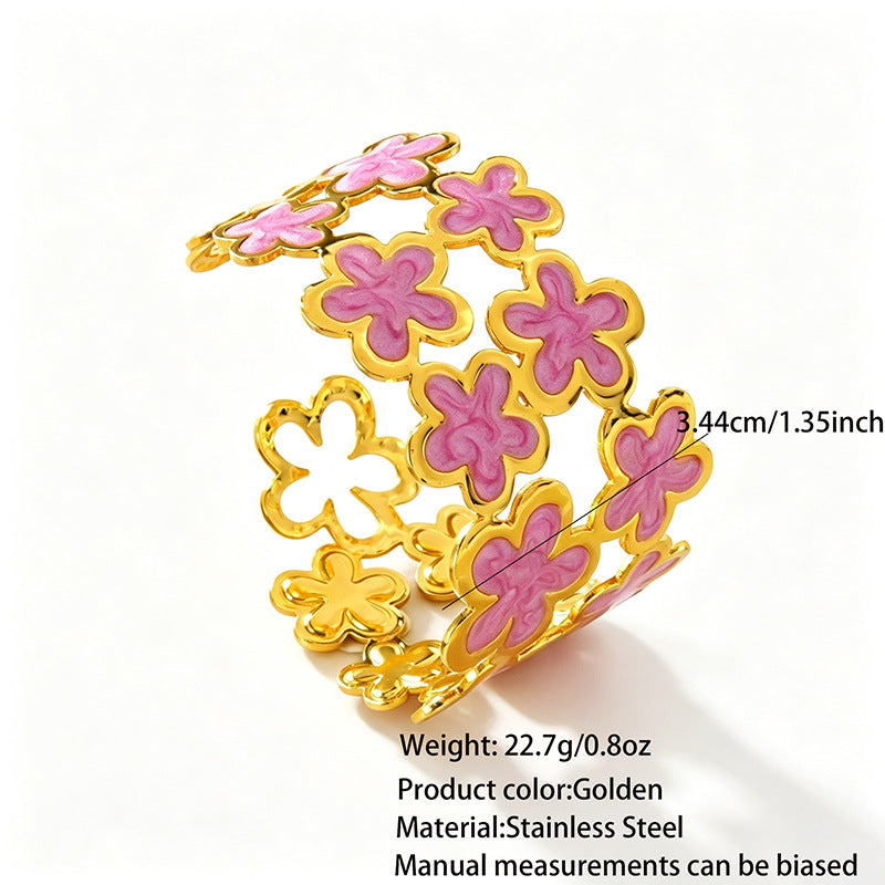 Wholesale Stainless Steel Flower Enamel Open Cuff Bracelet Chic Everyday Jewelry Gift