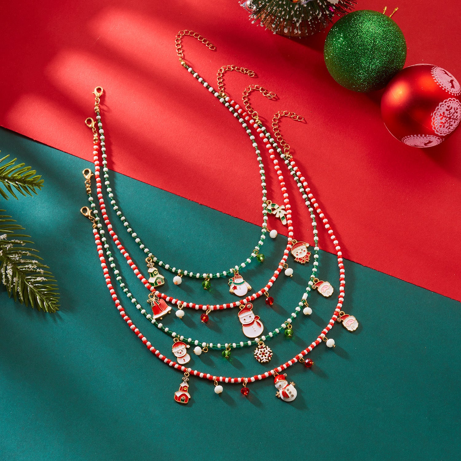 Wholesale Christmas Oil-Drop  Snowflake Color-Matched Beaded Necklace