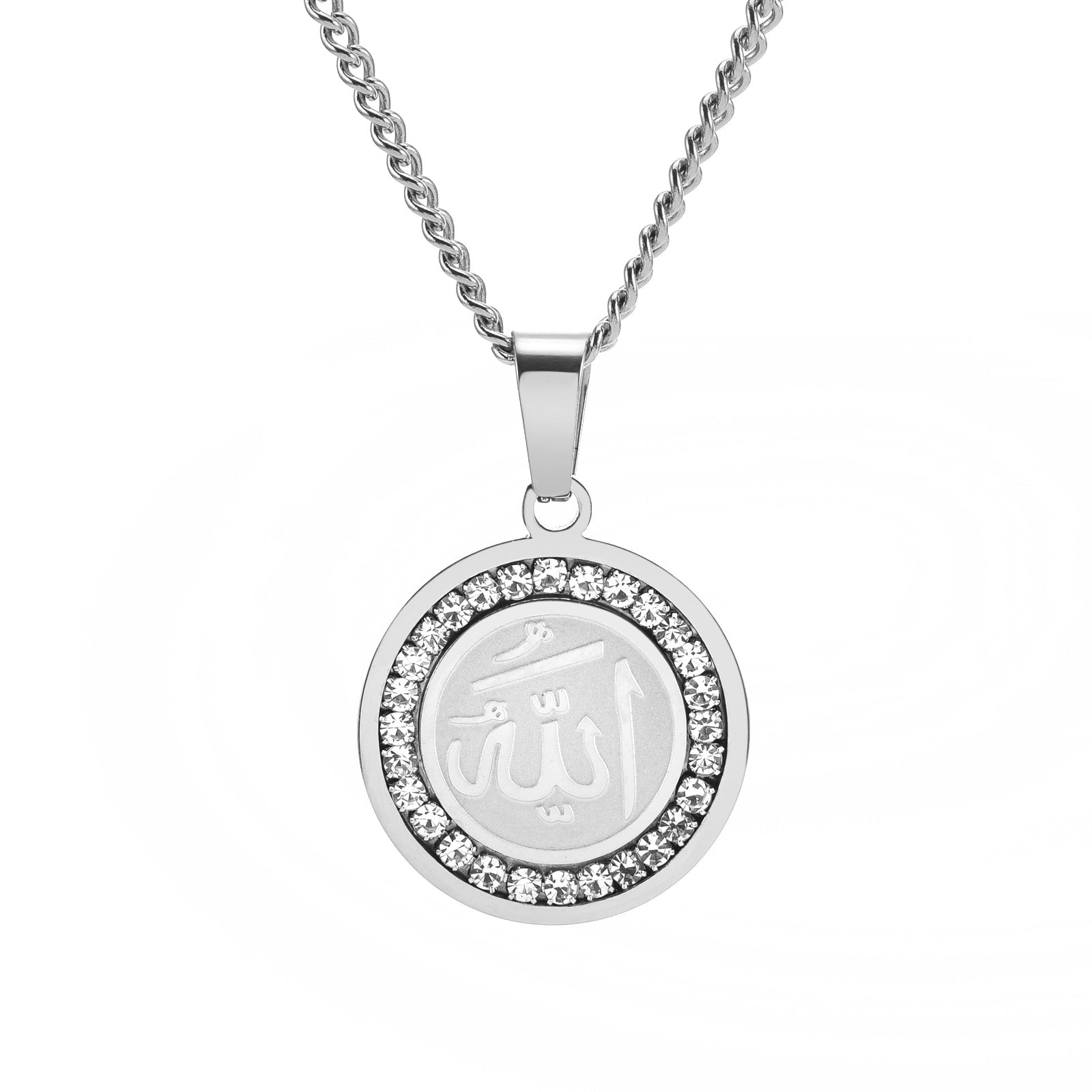 Wholesale Stainless Steel Round Plate with Diamond Pendant Necklace