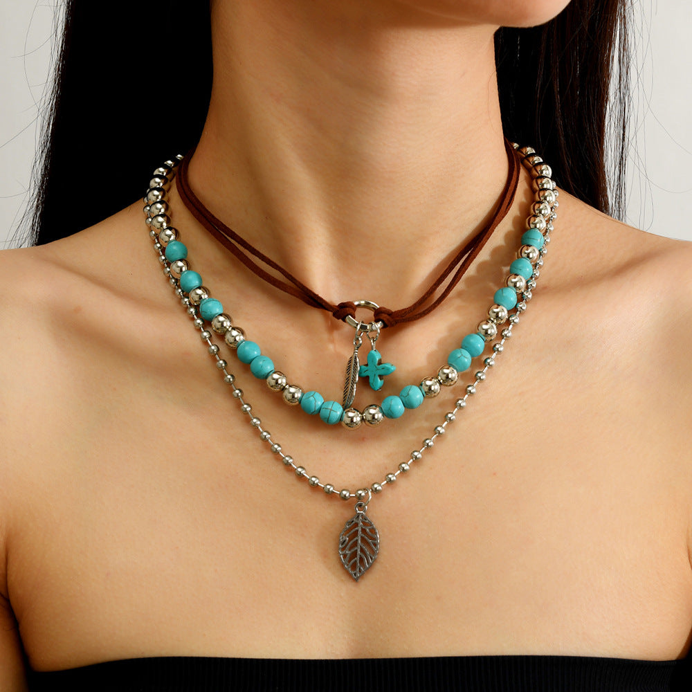 Wholesale Bohemian Turquoise Beaded Layered Necklace Set Handmade Women S 3 Piece Collarbone Chain Boutique Resale Jewelry