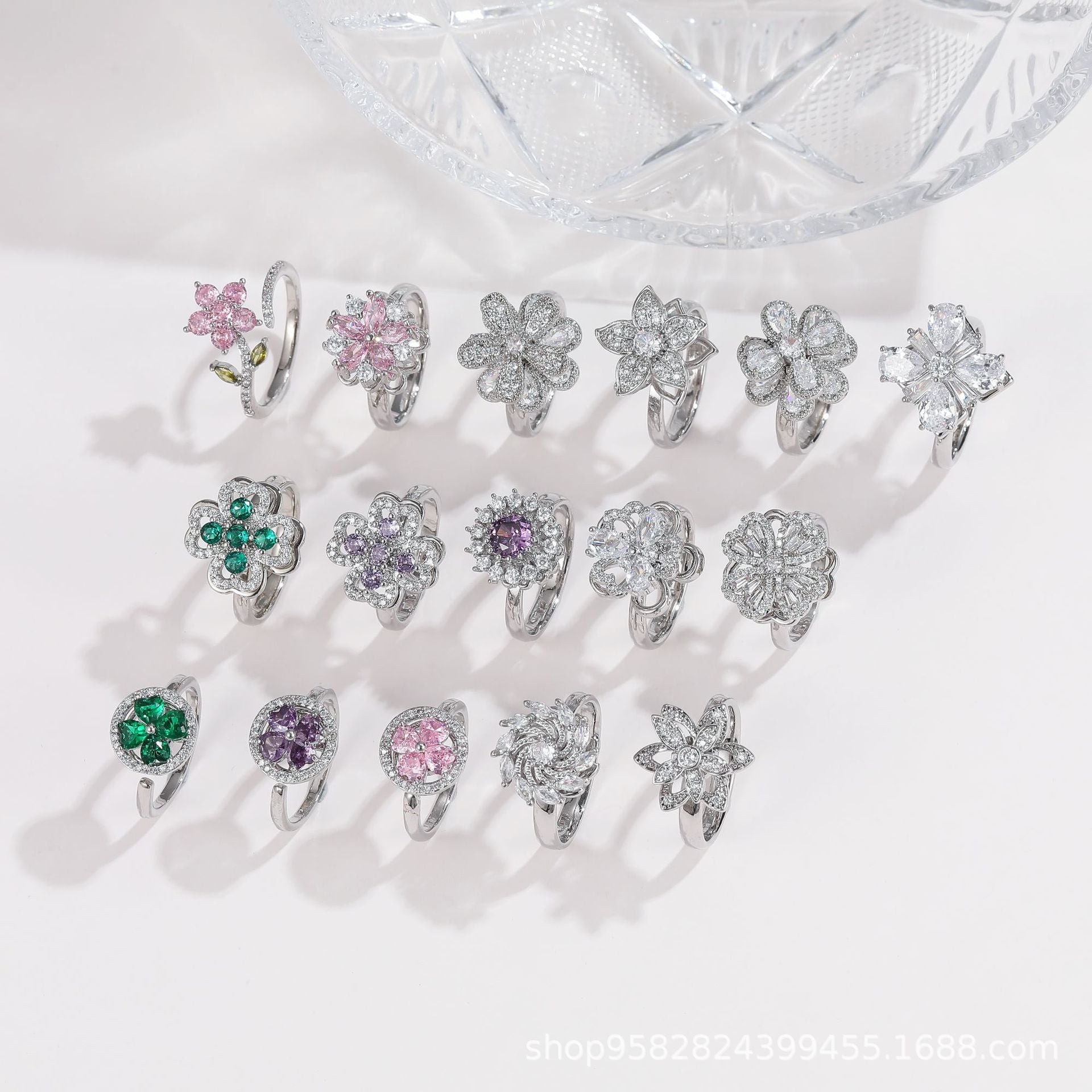 Wholesale 360° Rotating Double-Layer Flower Ring Gold Plated Zircon Fashion Accessory Boutique Gift