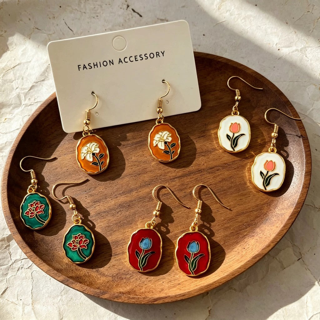 Wholesale Retro Oil Painting Style Floral Enamel Round Earrings