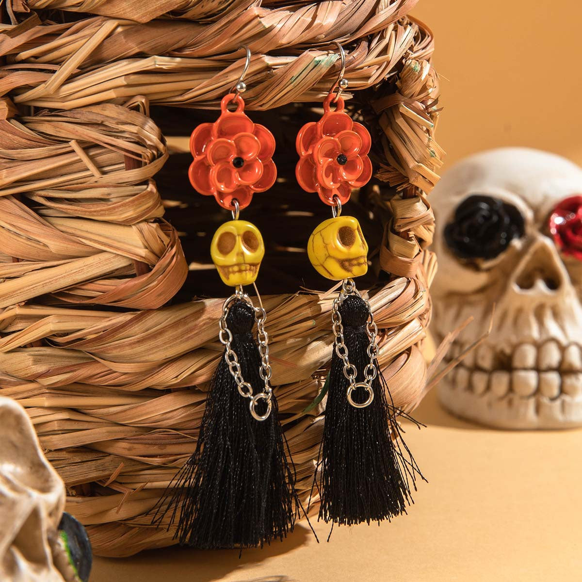 Wholesale   funny  skull tassel rice beads earrings