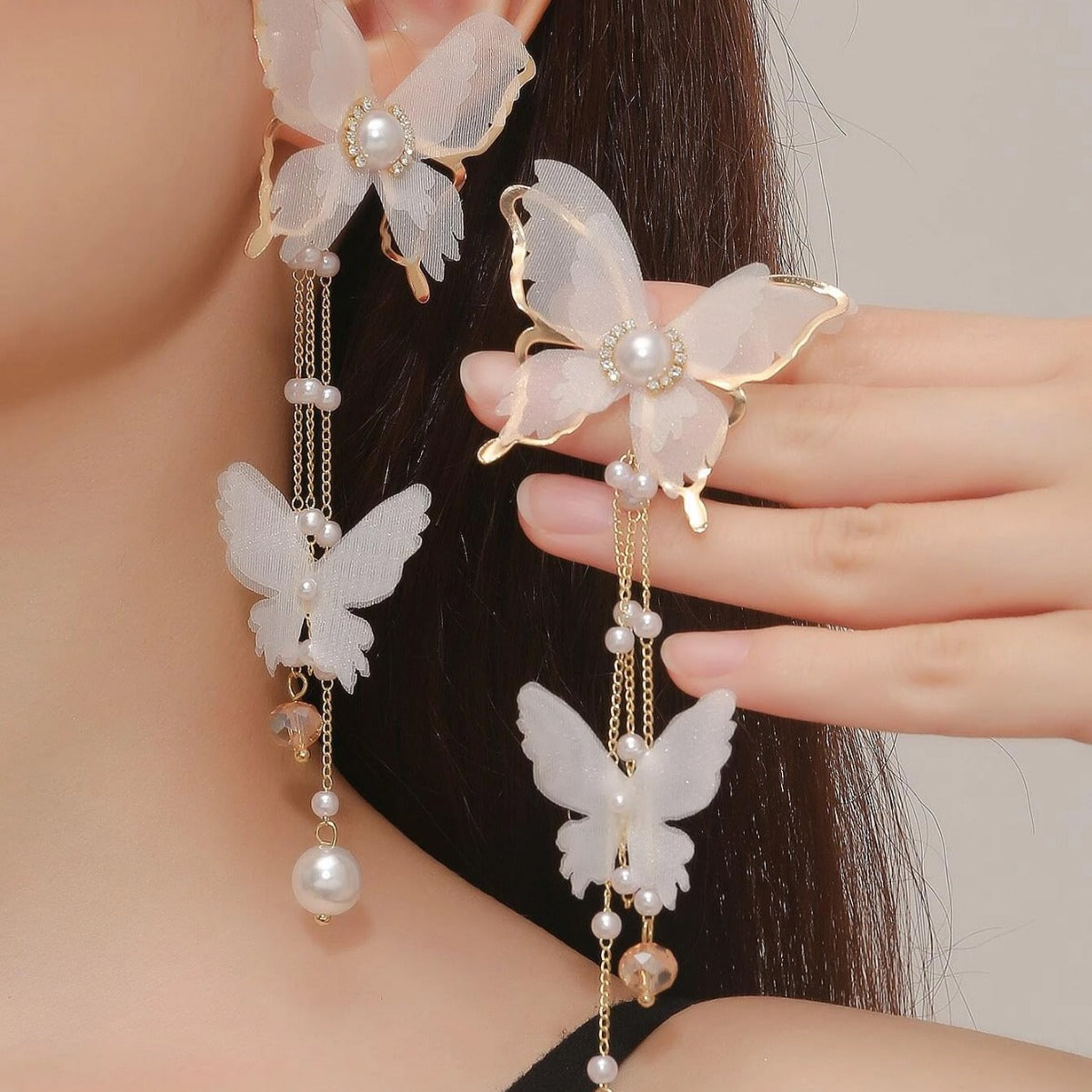 Wholesale Copper Alloy Pearl Rhinestone Butterfly Ear Stud Drop Earrings Fashion Jewelry Accessory for Women