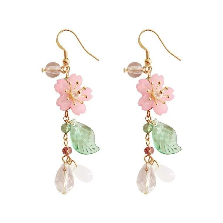 Wholesale Resin Flower Ear Hook Long Cherry Blossom Leaves Retro  Earrings