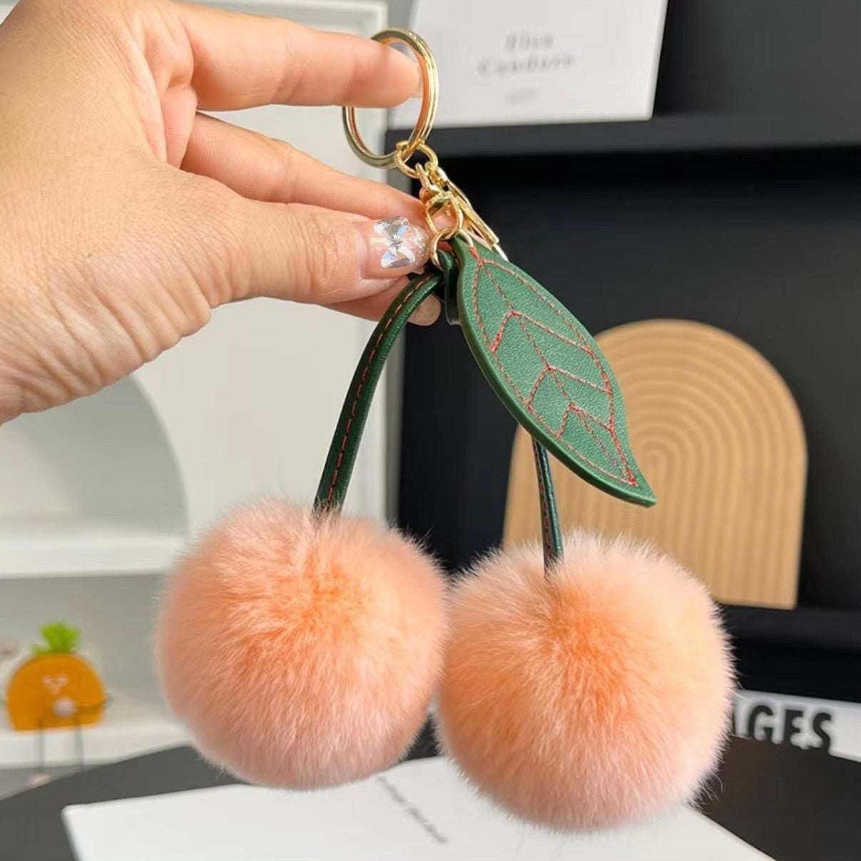 Wholesale genuine rex rabbit fur cherry car keychain