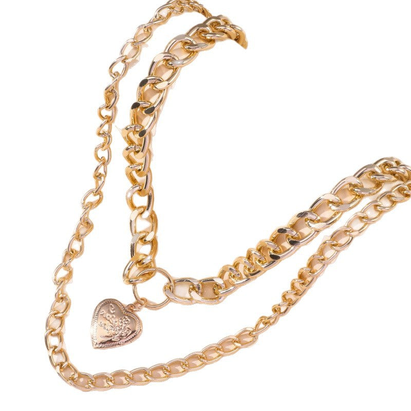Wholesale Two Tone Metal Double Chain Necklace Heart Pendant Chic Layering Fashion Accessory Boutique Resale