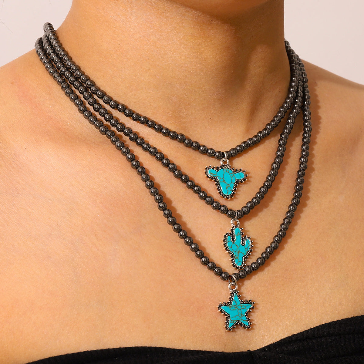 Wholesale Black Ball Bead Necklace  Cowboy Boots Bull Head Five-Pointed Star Jewelry