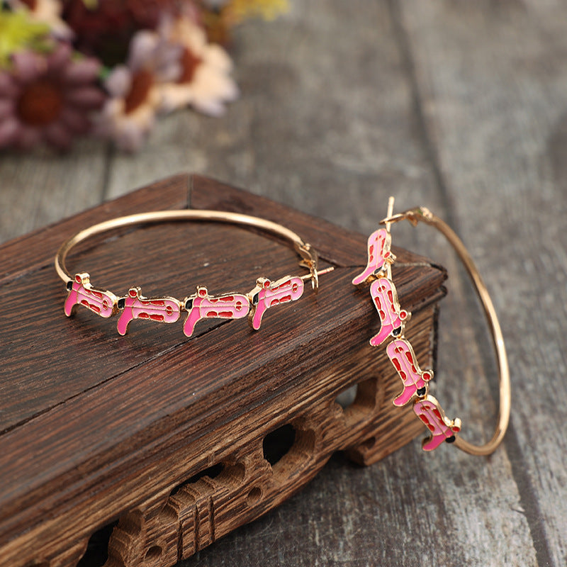 Wholesale Star Hoop Oil Drop Pink Cowboy Hat Boots  Earrings