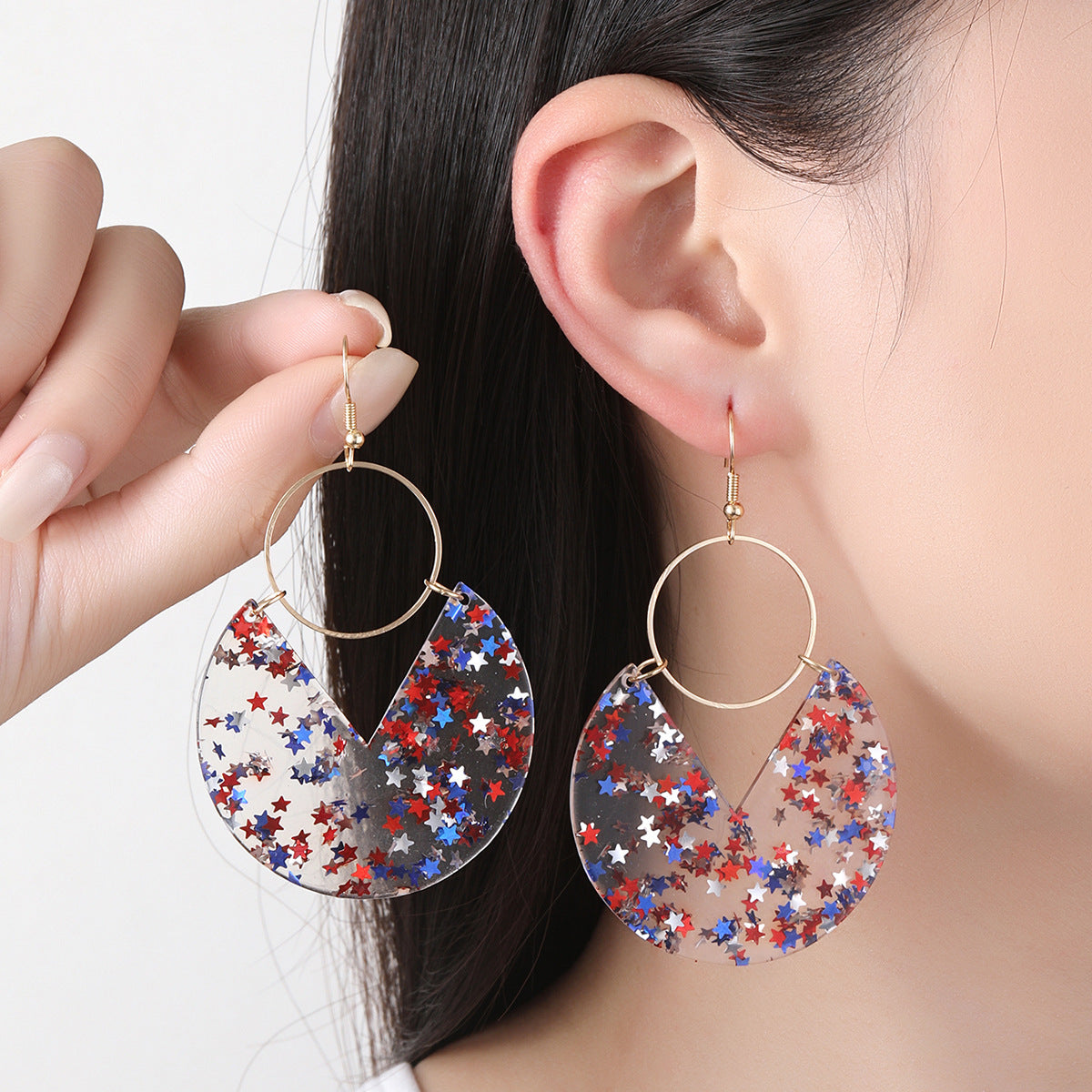 Wholesale Geometric  Five-pointed Star Red White Blue  US National Day Independence Day Women Ear Hook Earrings