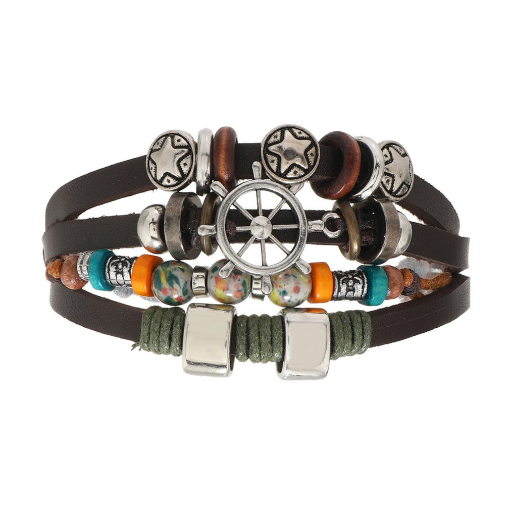Wholesale 2PCS Leather Ethnic Style Multi-Layer Bracelet