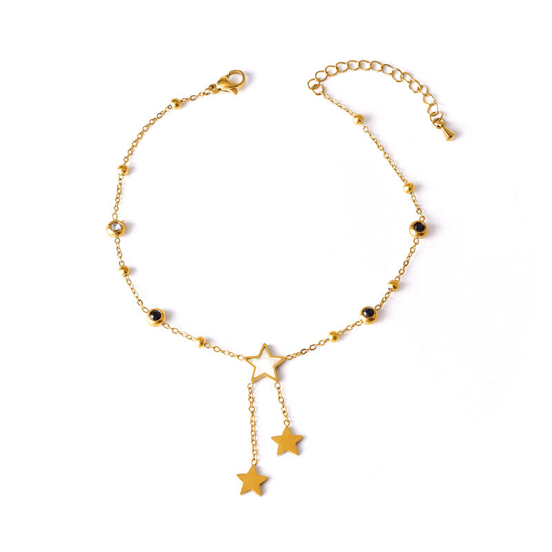 Wholesale Titanium Steel Shell Star Moon Tassel Anklet Double-sided Black and White Zircon Diamond Five-pointed  Anklet