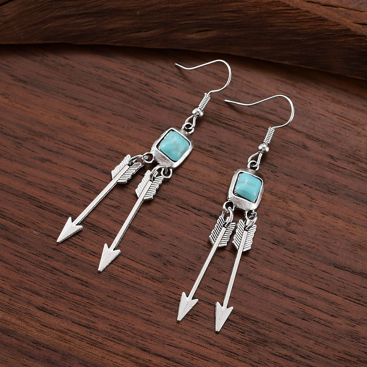 Wholesale Antique silver irregular turquoise pendant feather arrow earrings