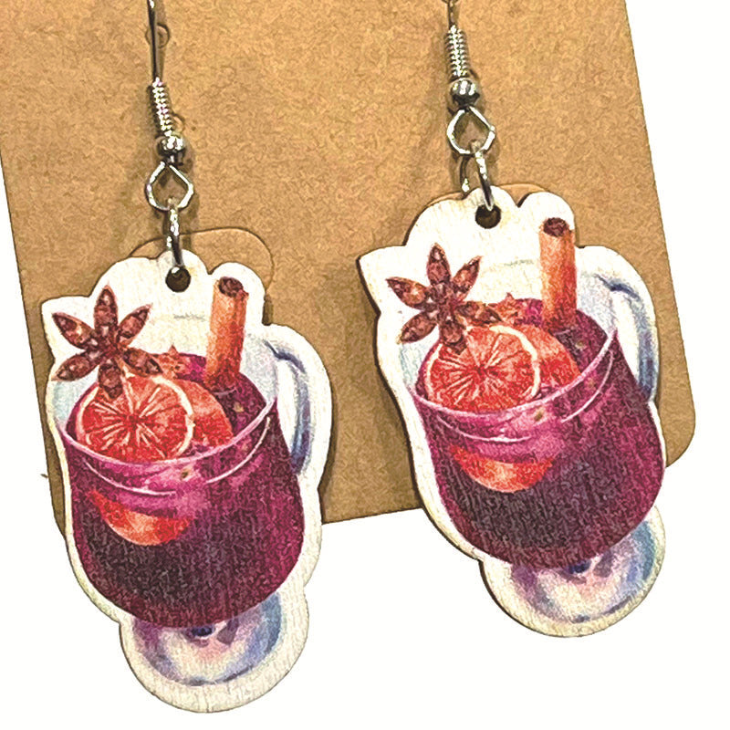 Wholesale Retro Wooden Cat Earrings For Wine Lovers Party Jewelry Accessory