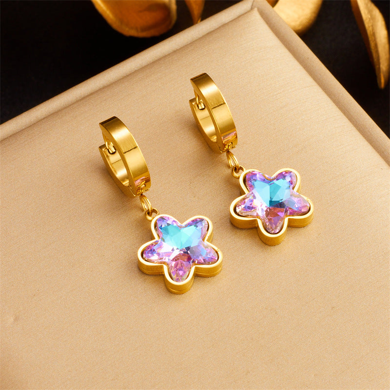 Wholesale Colorful Purple Rhinestone Butterfly Gold Plated Titanium Steel Earrings ACC-ES-QianYue007
