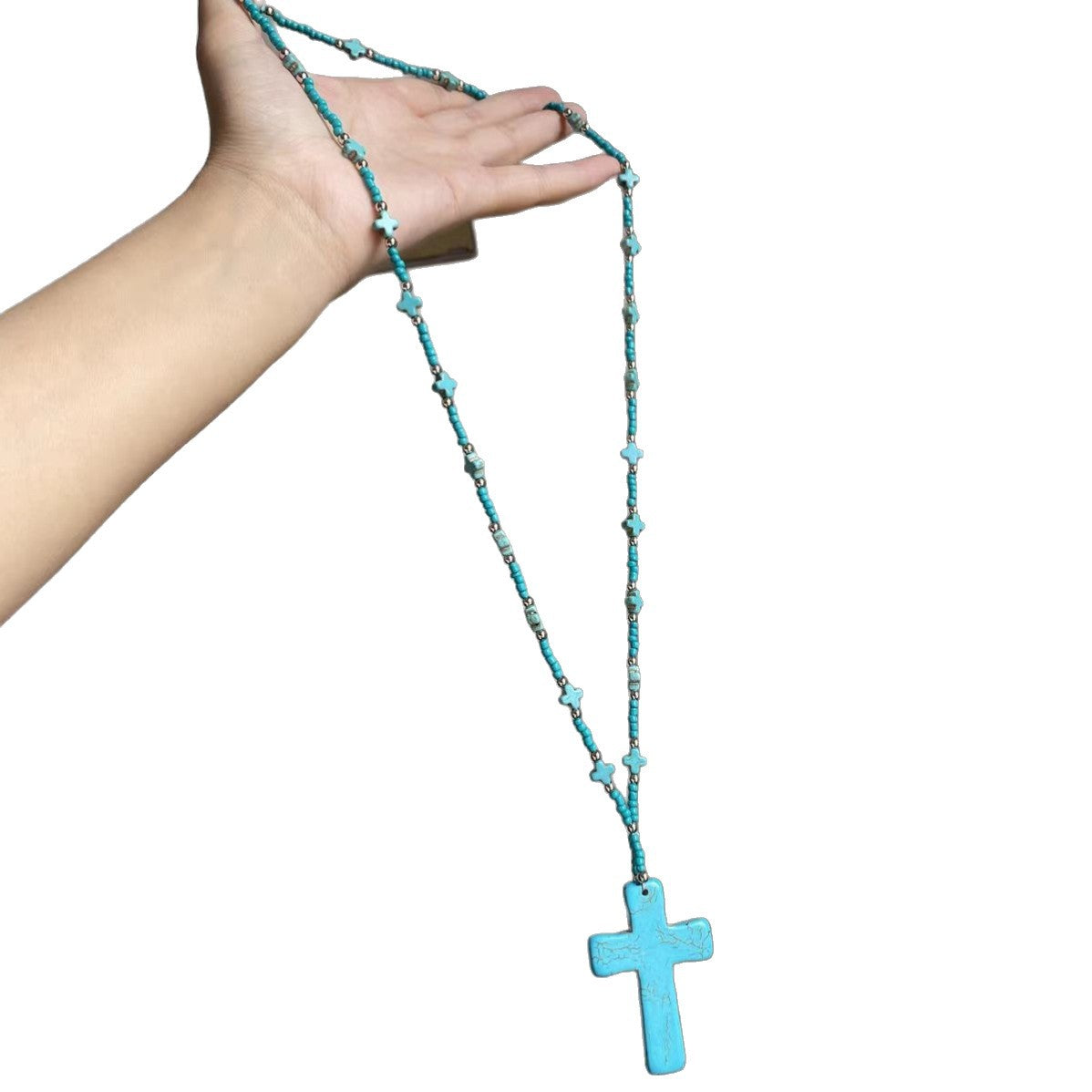 Wholesale Vintage Turquoise Cross Beaded Necklace Bohemian Long Chain Jewelry Accessory for Women