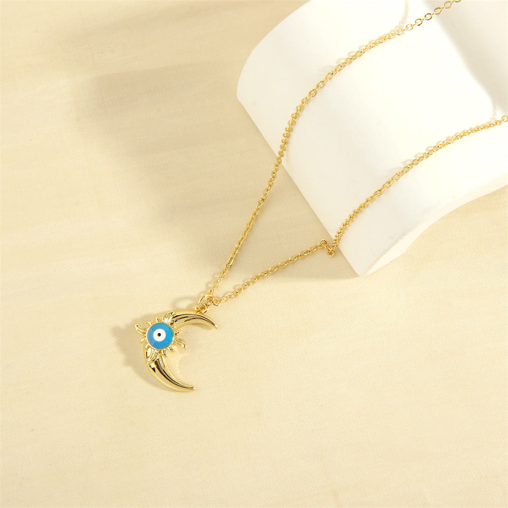 Wholesale  Copper Plated 18K Gold Moon Necklace Light Luxury Elegant Devil's Eye Oil Drop Clavicle Chain