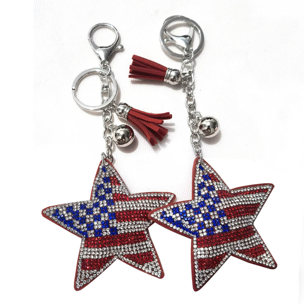 Wholesale Creative  Velvet Leather Diamond-encrusted American Flag Five-pointed Keychain