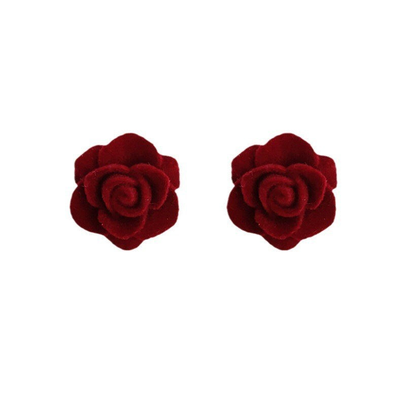 Wholesale flocking vintage wine red rose 925 silver needle earrings
