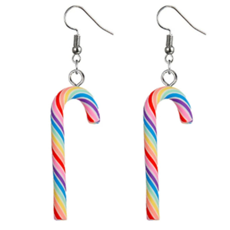 Wholesale simulated polymer clay candy cane Christmas rainbow striped candy earrings