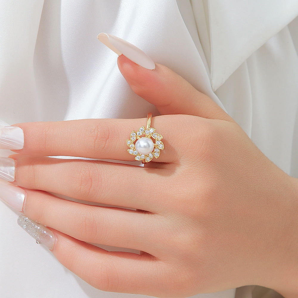 Wholesale Pearl Zircon Flower Open Ring Stylish Women S Gold Copper Fashion Jewelry Everyday Wear Accessory